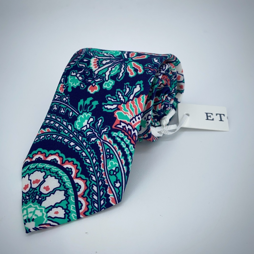 Eton Tie Mens One Size Gray Blue Green Floral Classic Fit Necktie Italy Made